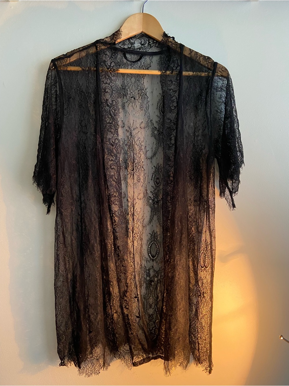 Black Lace Sheer Lingerie Robe, Elbow Length Sleeves